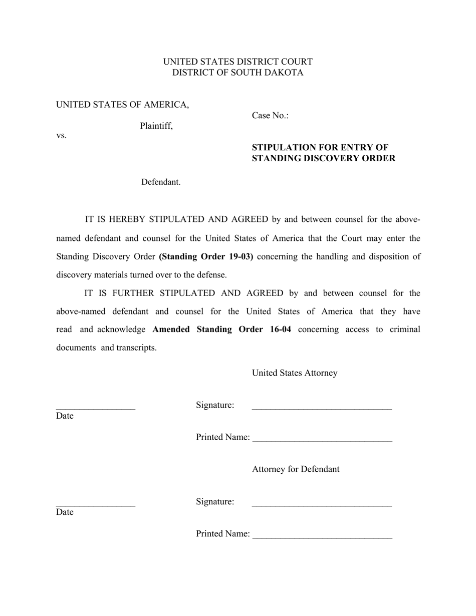 Stipulation for Entry of Standing Discovery Order - South Dakota, Page 1