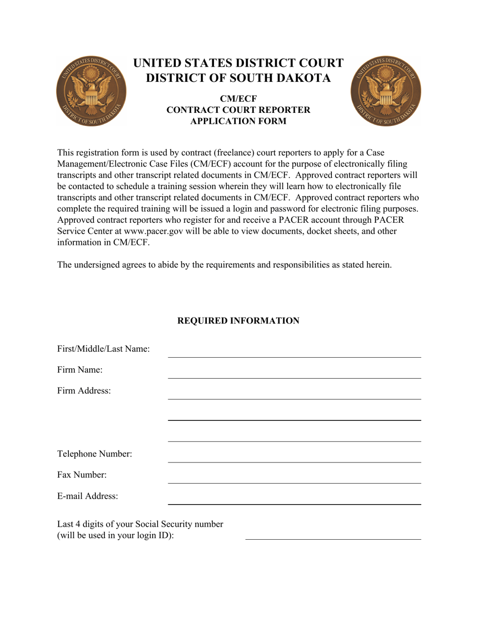 Cm / Ecf Contract Court Reporter Application Form - South Dakota, Page 1