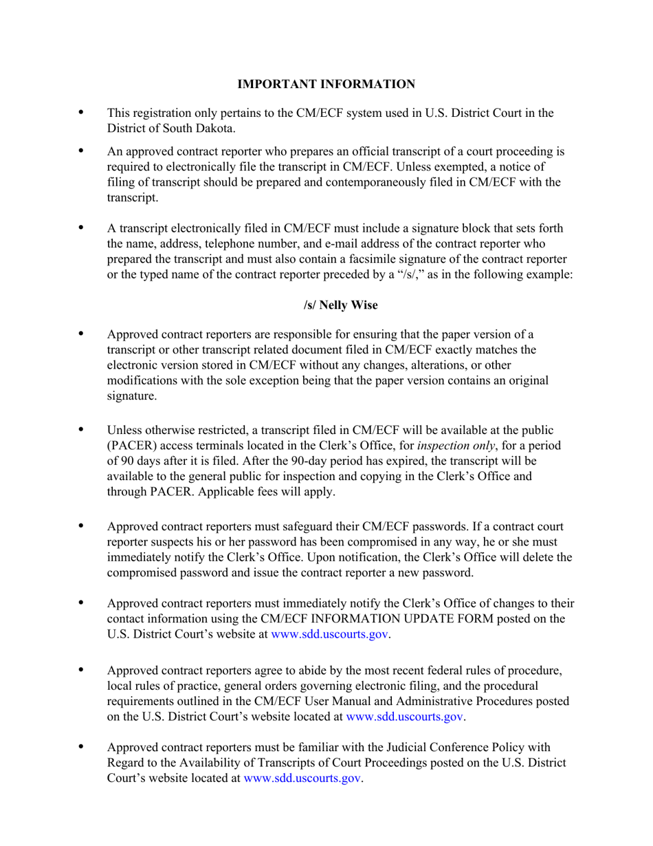 Cm / Ecf Contract Court Reporter Application Form - South Dakota, Page 2