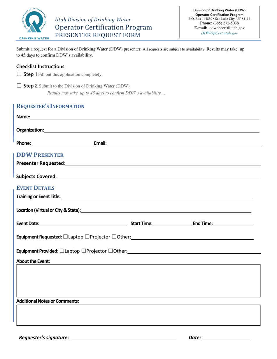 Presenter Request Form - Operator Certification Program - Utah, Page 1