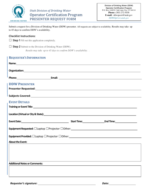 Presenter Request Form - Operator Certification Program - Utah Download Pdf