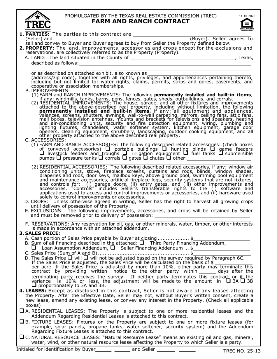 TREC Form 25-13 Farm and Ranch Contract - Texas, Page 1