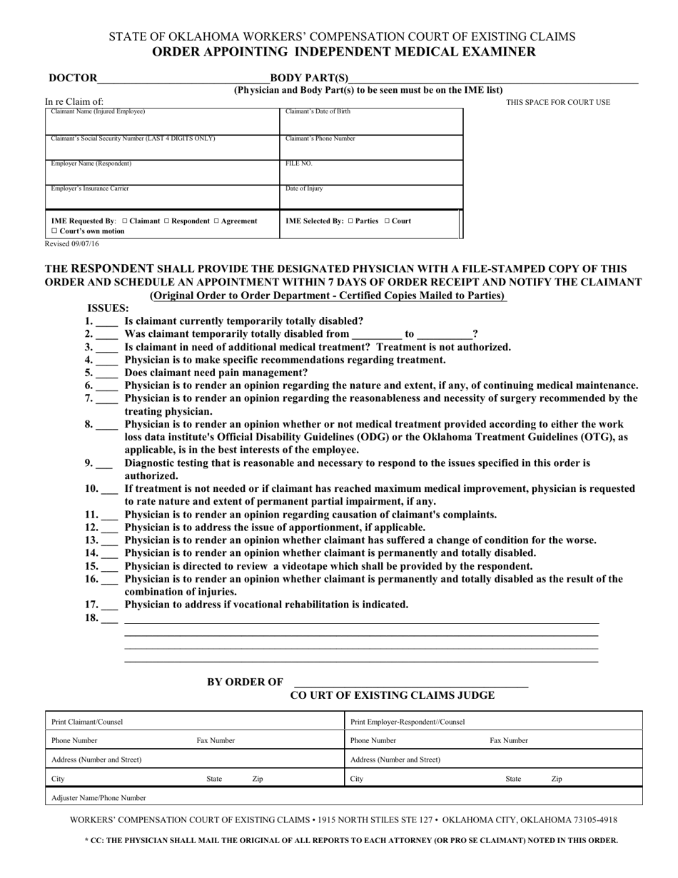 Order Appointing Independent Medical Examiner - Oklahoma, Page 1