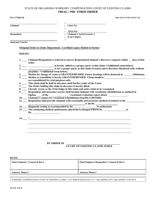 Trial / Phc Form Order - Oklahoma Download Pdf