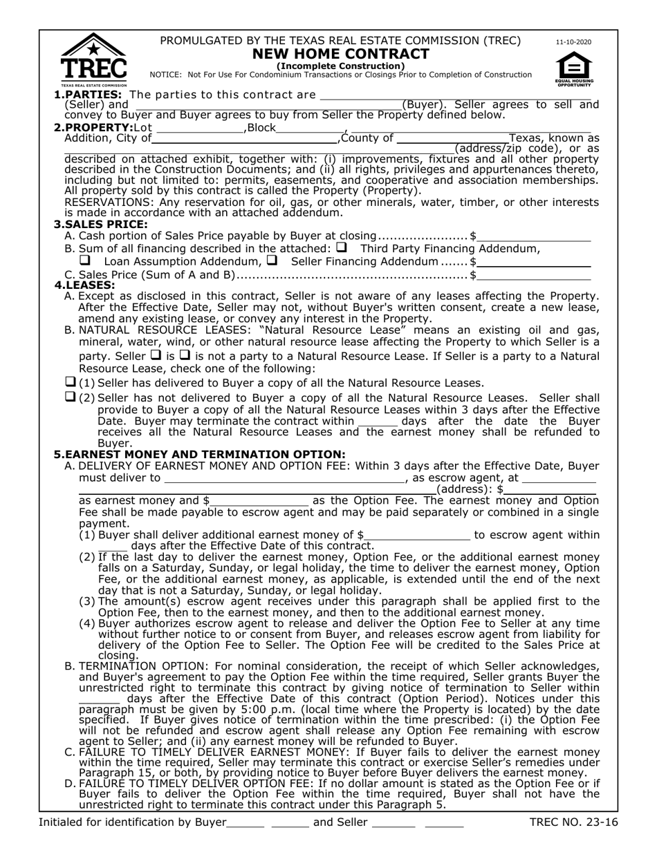 TREC Form 23-16 New Home Contract (Incomplete Construction) - Texas, Page 1