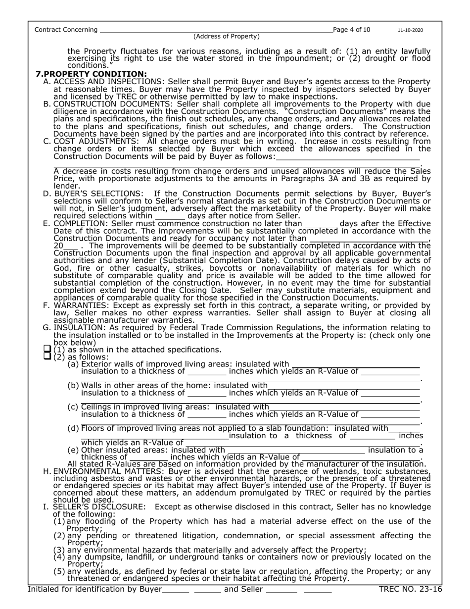 TREC Form 23-16 New Home Contract (Incomplete Construction) - Texas, Page 4