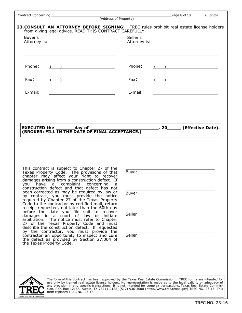 TREC Form 23-16 New Home Contract (Incomplete Construction) - Texas, Page 8
