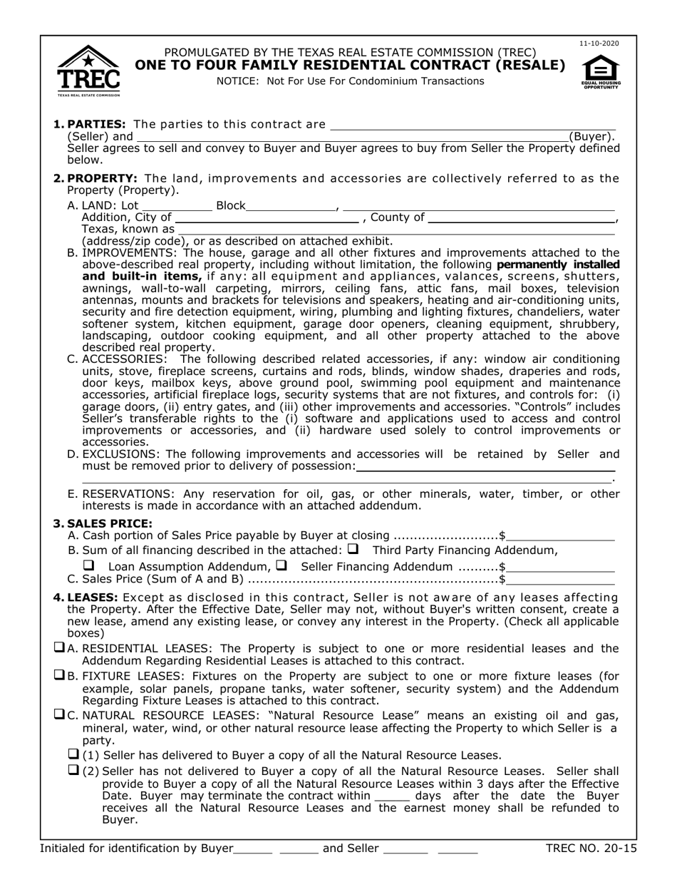 TREC Form 20-15 One to Four Family Residential Contract (Resale) - Texas, Page 1