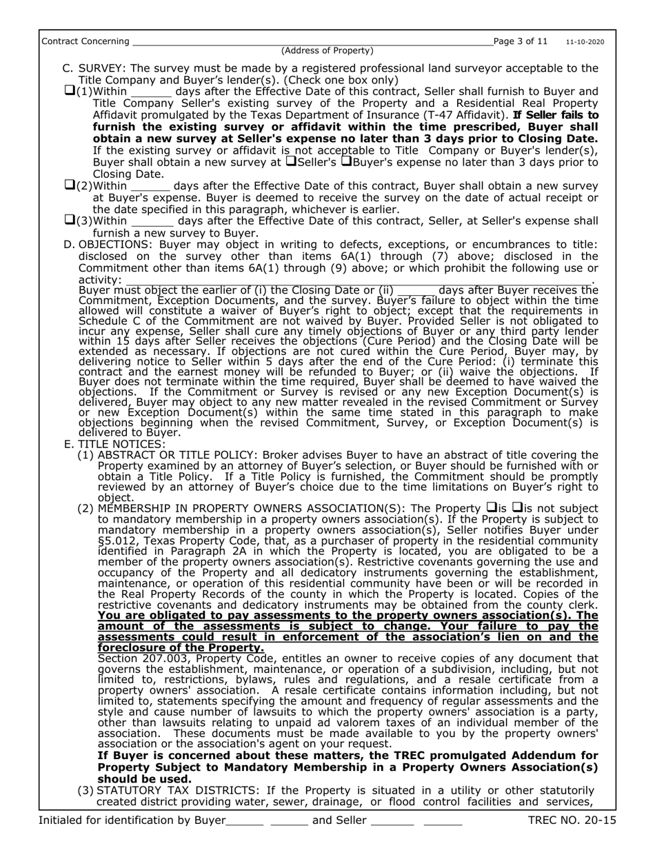 TREC Form 20-15 One to Four Family Residential Contract (Resale) - Texas, Page 3