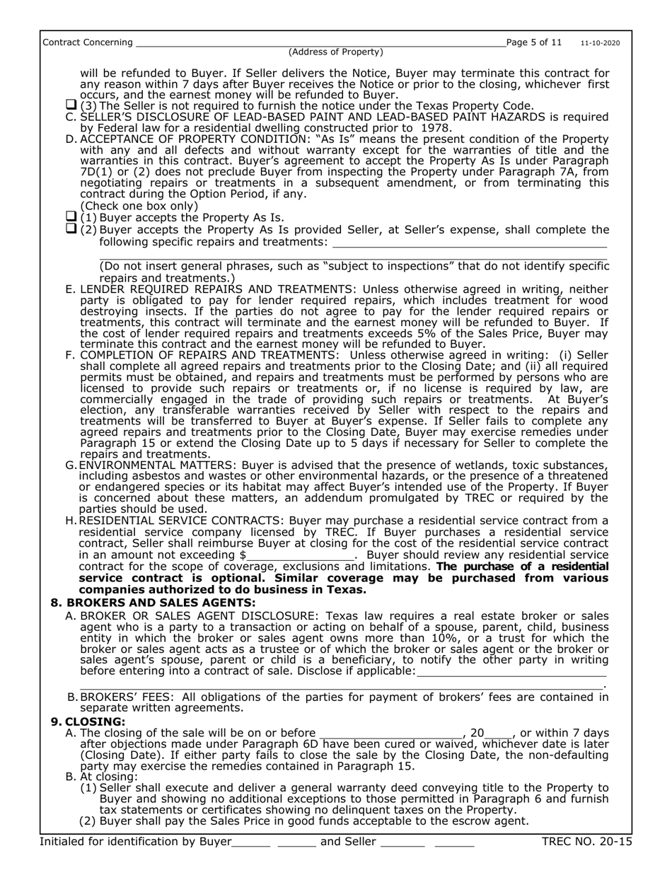 TREC Form 20-15 One to Four Family Residential Contract (Resale) - Texas, Page 5
