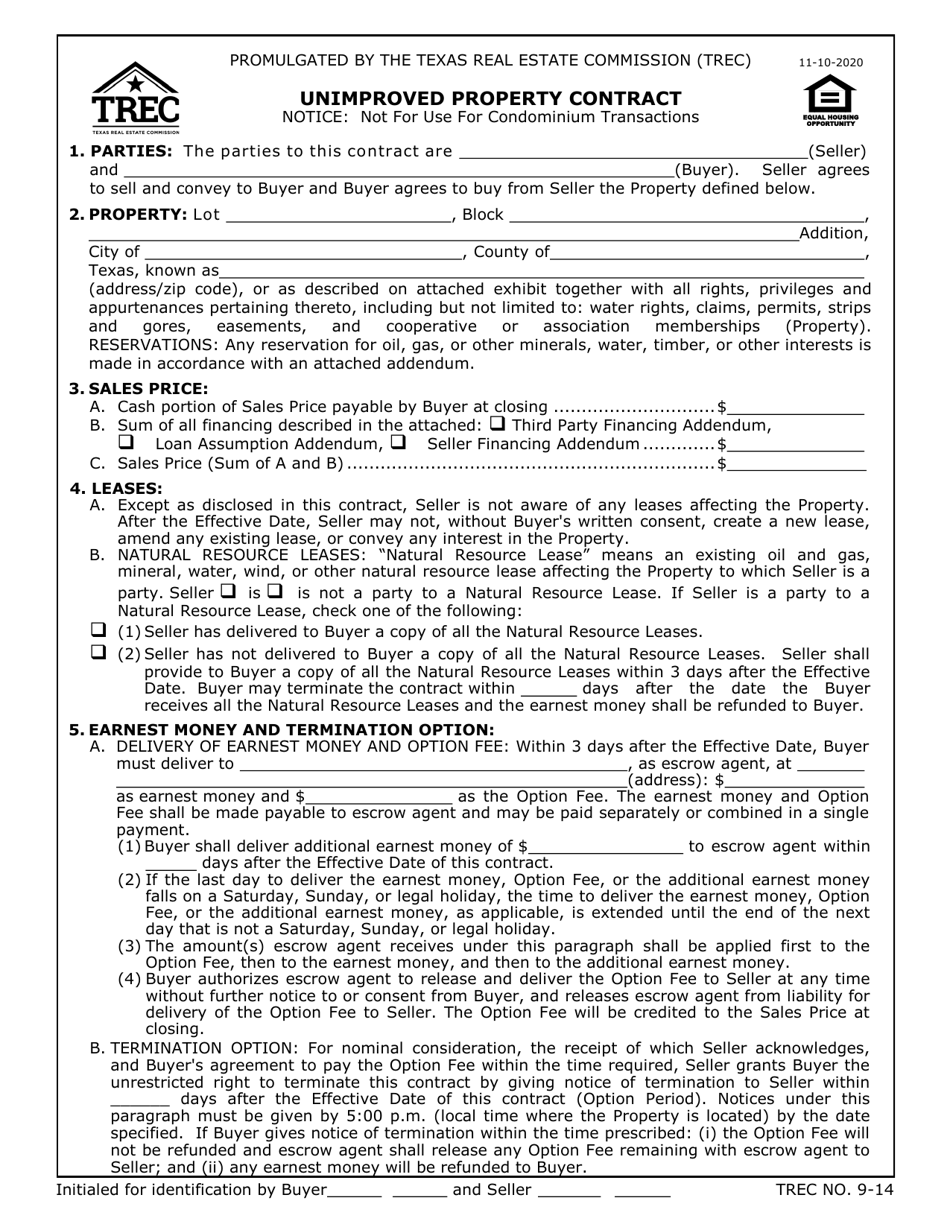 TREC Form 9-14 Unimproved Property Contract - Texas, Page 1