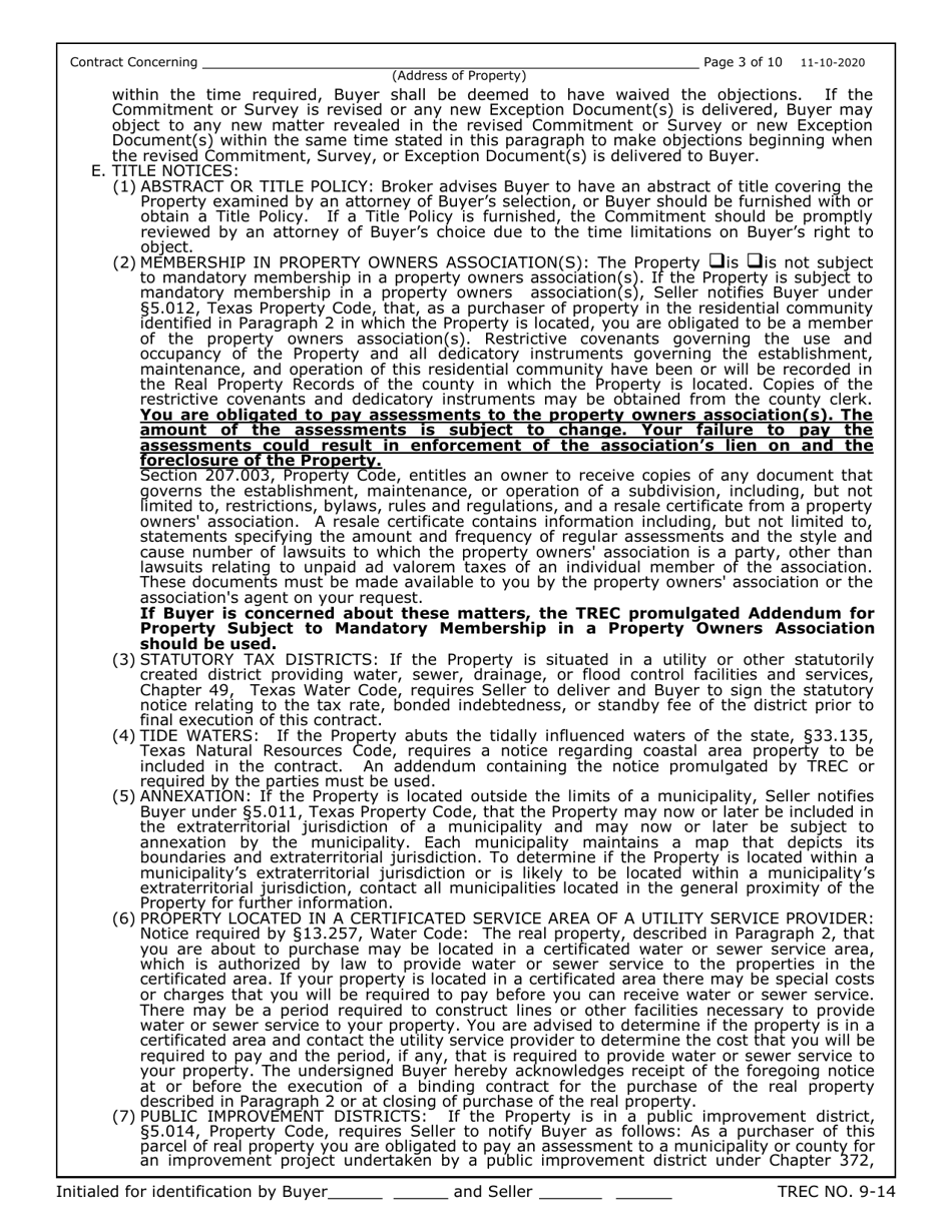 TREC Form 9-14 Unimproved Property Contract - Texas, Page 3