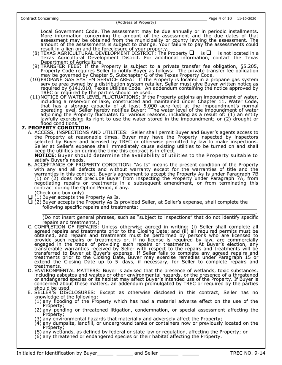 TREC Form 9-14 Unimproved Property Contract - Texas, Page 4