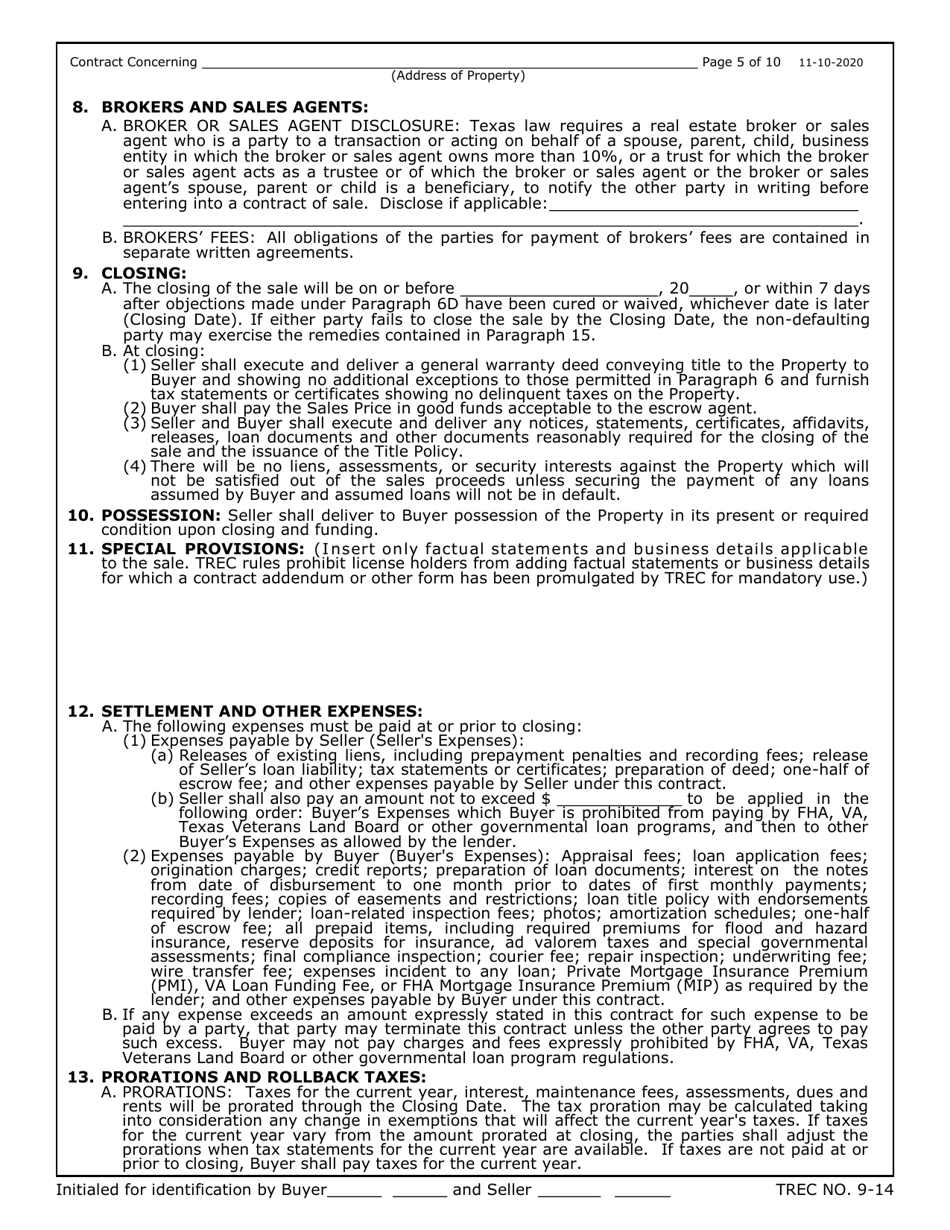 TREC Form 9-14 Unimproved Property Contract - Texas, Page 5