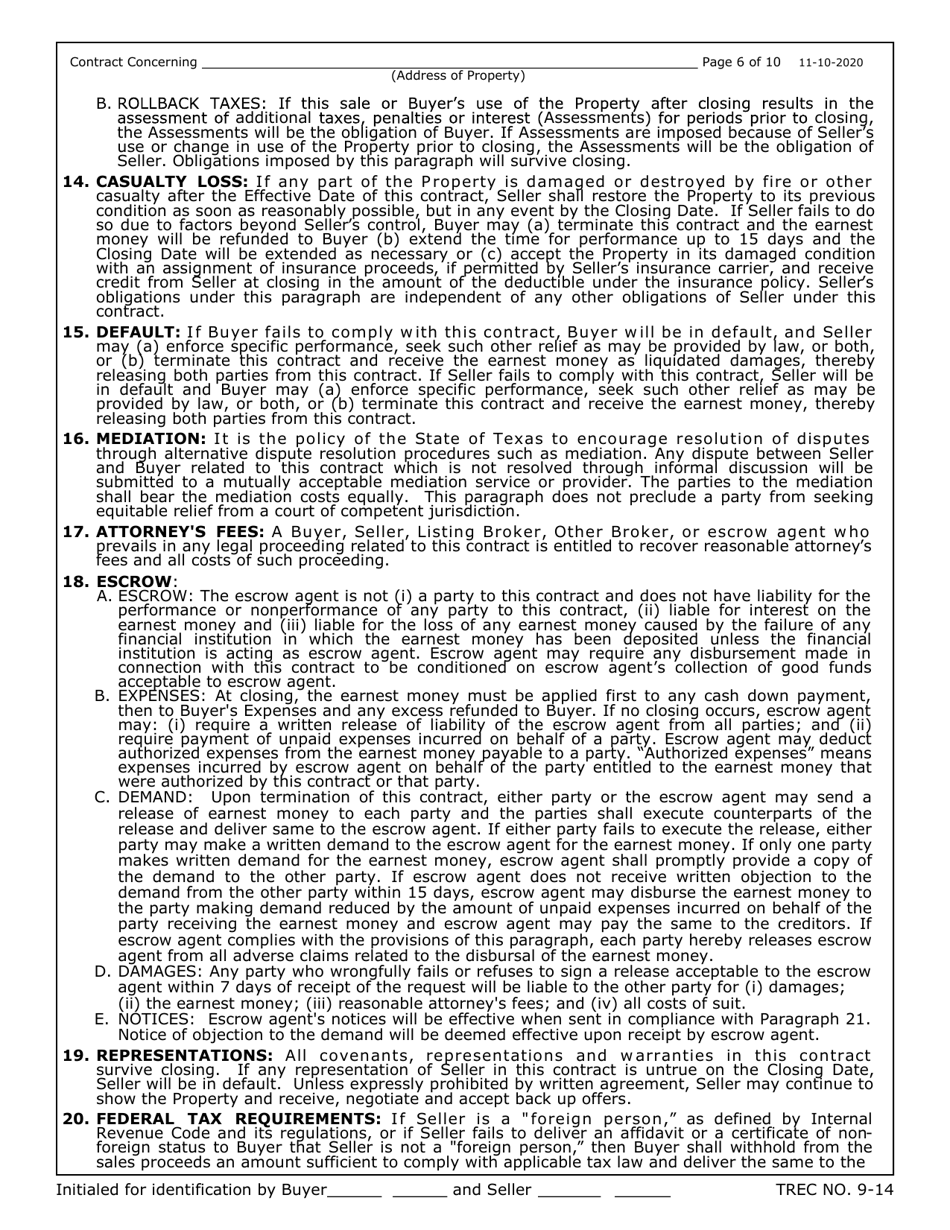TREC Form 9-14 Unimproved Property Contract - Texas, Page 6