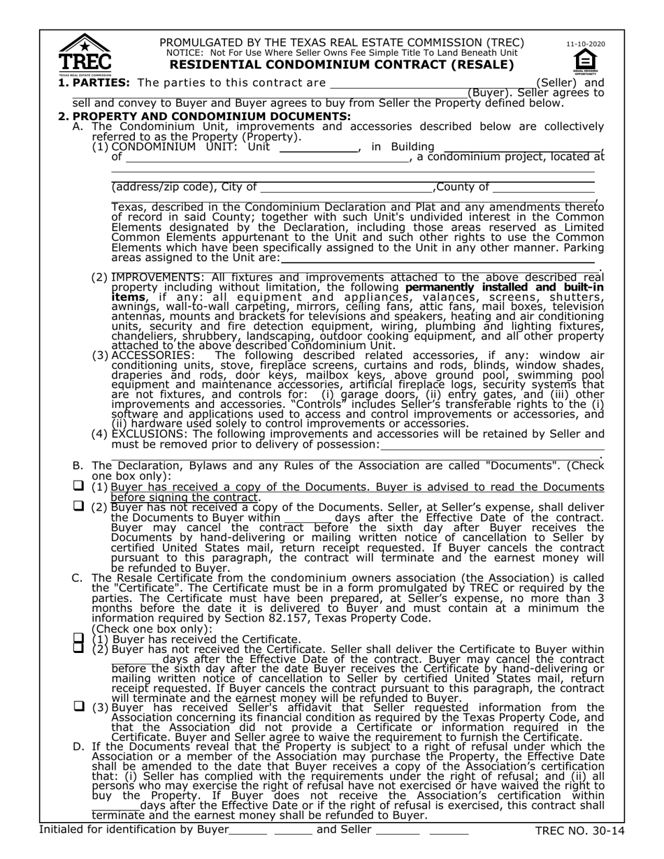 TREC Form 30-14 Residential Condominium Contract (Resale) - Texas, Page 1
