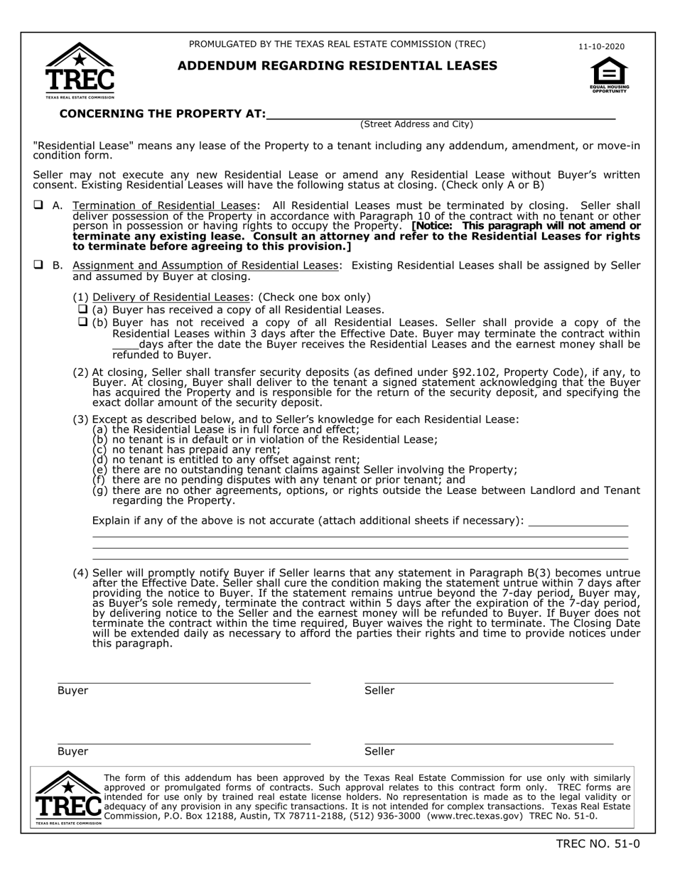 TREC Form 51-0 Addendum Regarding Residential Leases - Texas, Page 1