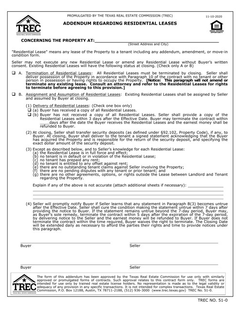 TREC Form 51-0 Addendum Regarding Residential Leases - Texas