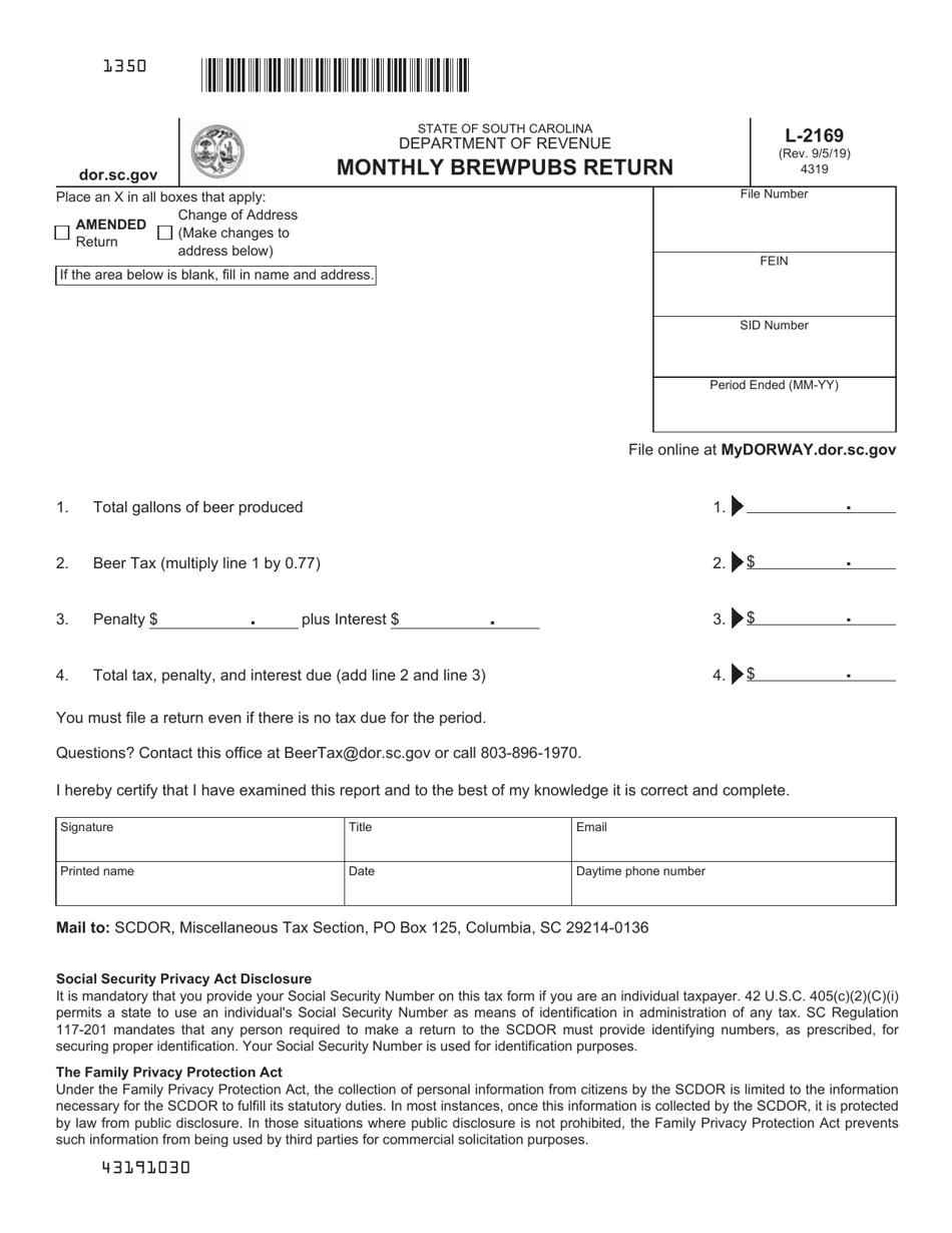 Form L-2169 Monthly Brewpubs Return - South Carolina, Page 1