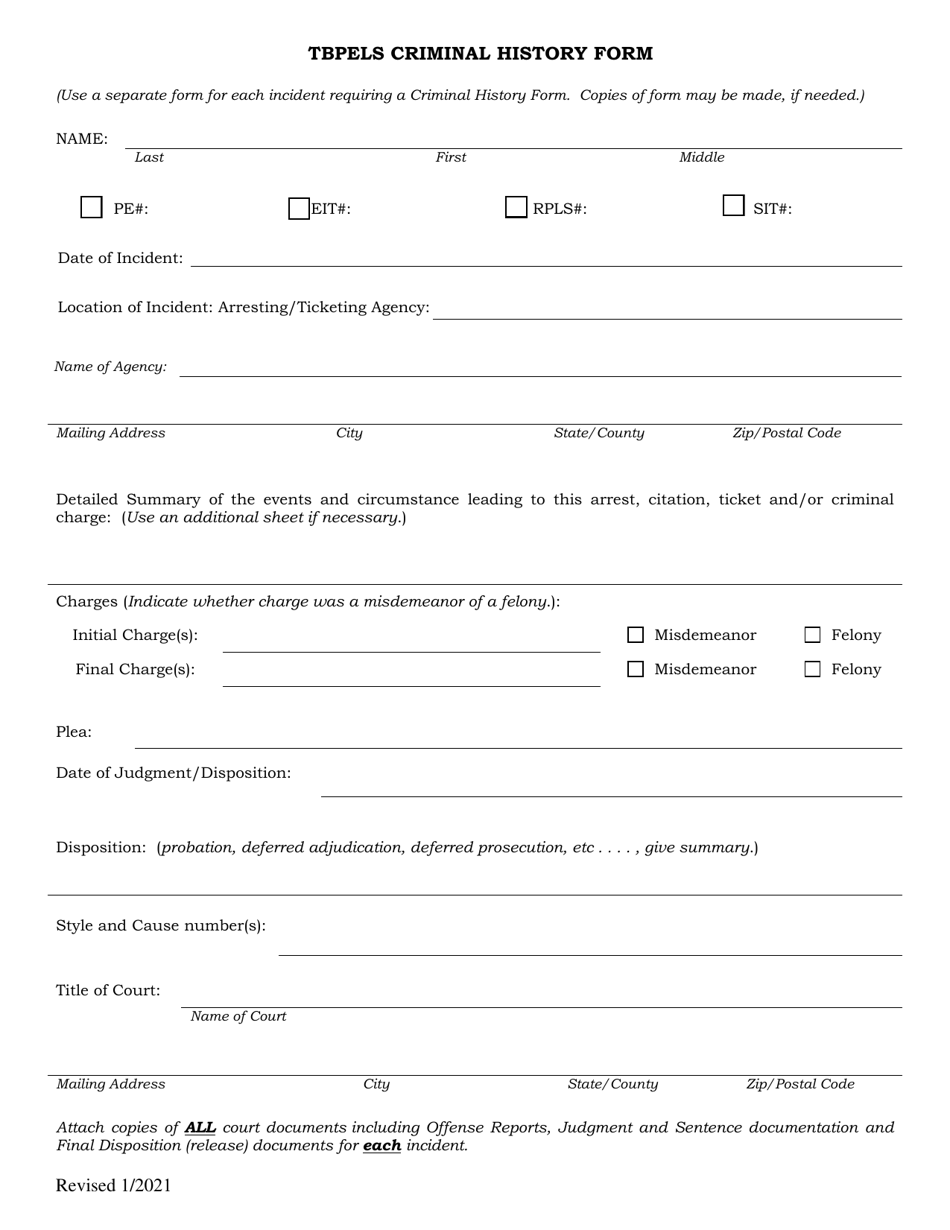 Tbpels Criminal History Form - Texas, Page 1