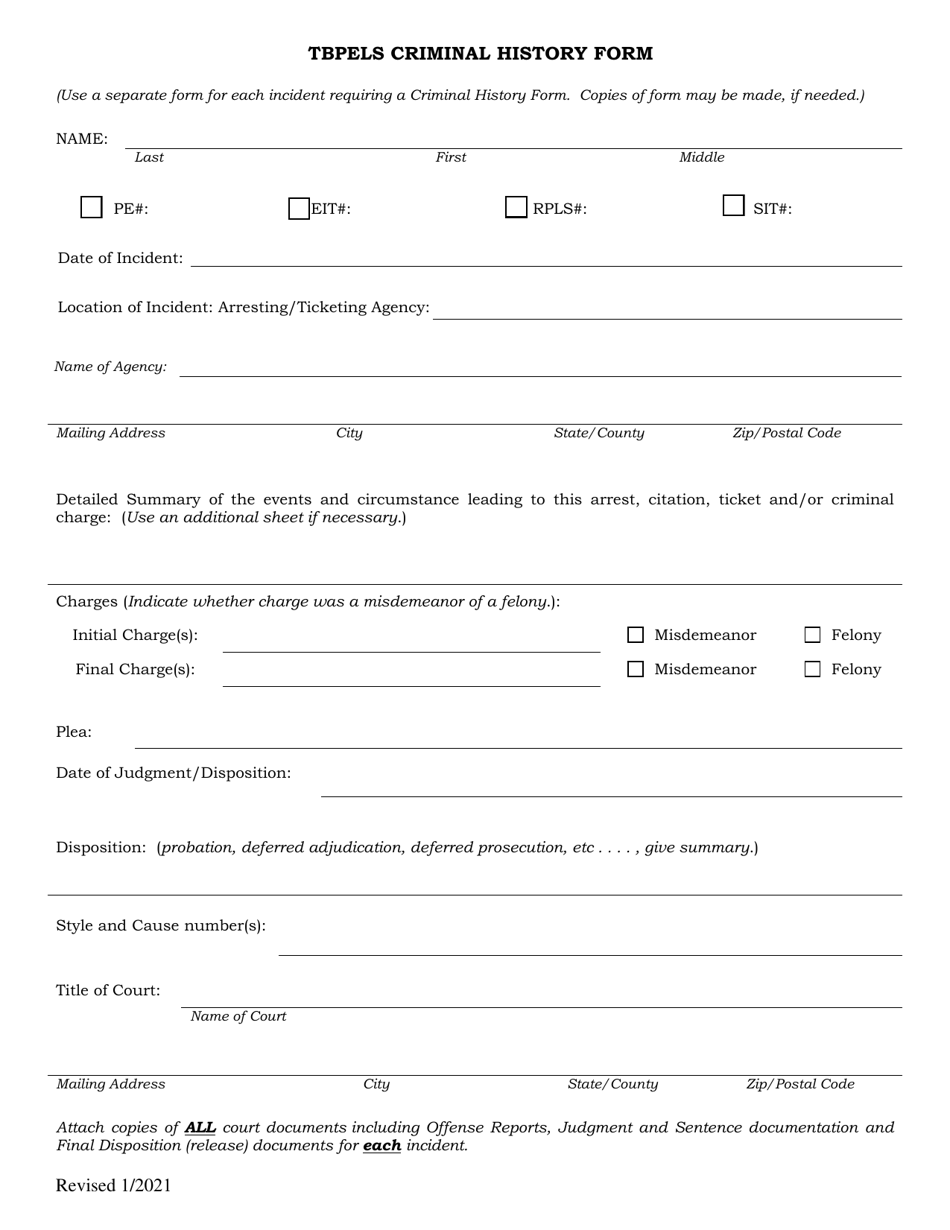 Texas Tbpels Criminal History Form - Fill Out, Sign Online and Download ...