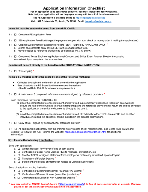 Application Information Checklist - Texas Download Pdf