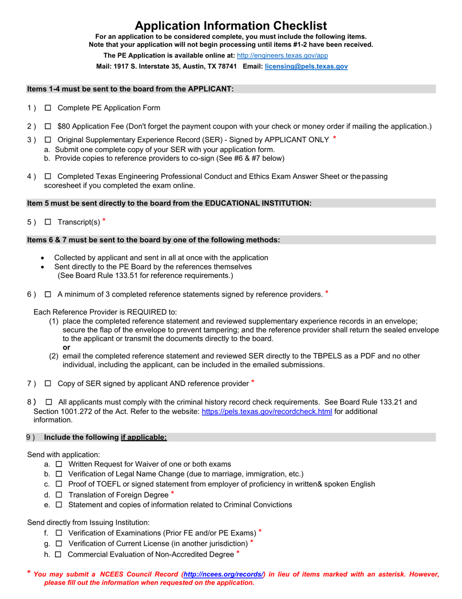 Application Information Checklist - Texas, Page 1