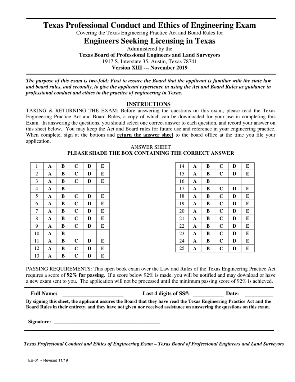 Form EB-1 Ethics Exam Answer Sheet - Texas, Page 1