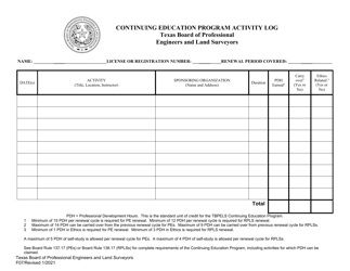 Document preview: Form F07 Continuing Education Program Activity Log - Texas