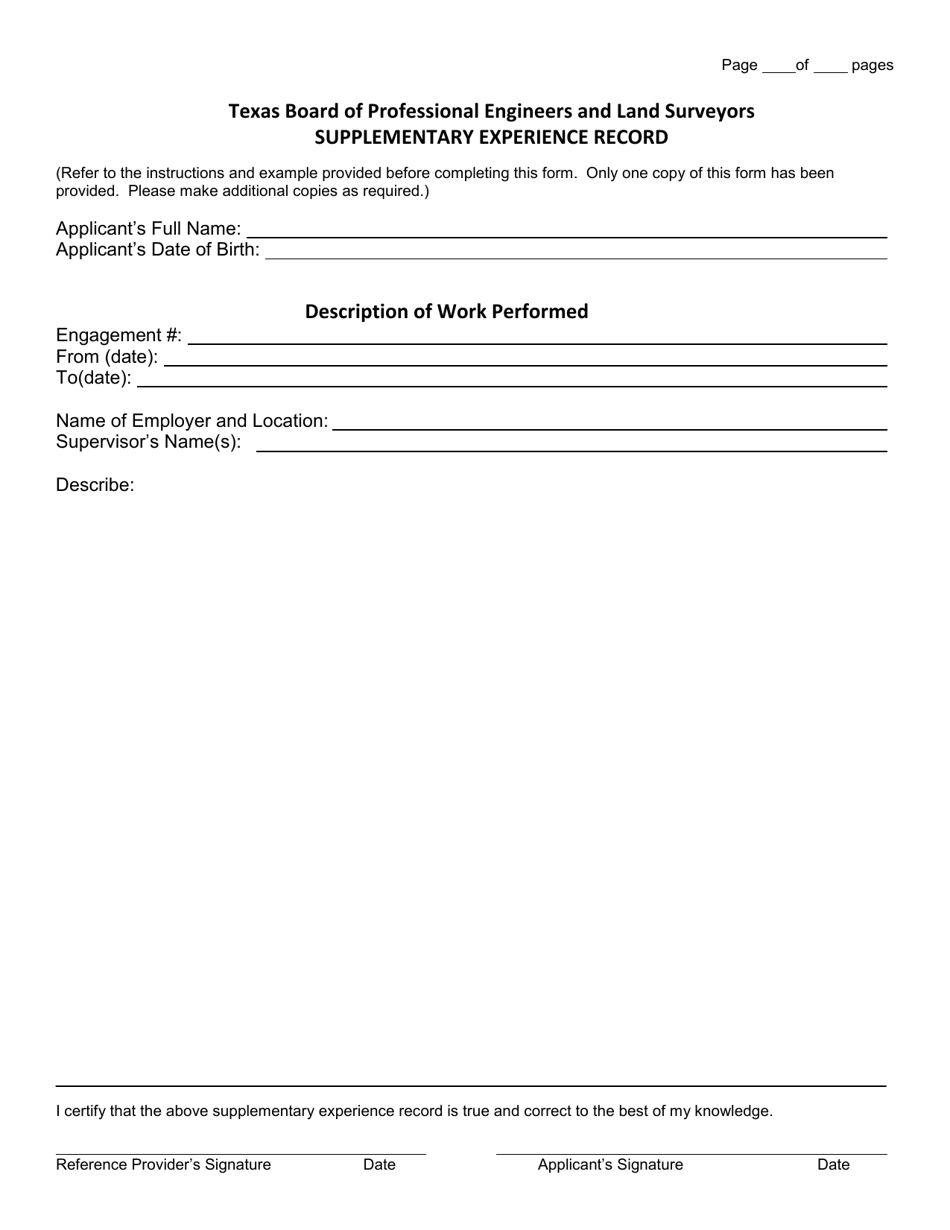 Supplementary Experience Record - Texas, Page 1