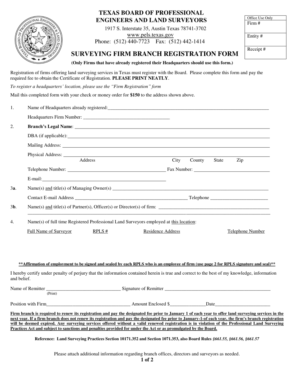 Surveying Firm Branch Registration Form - Texas, Page 1