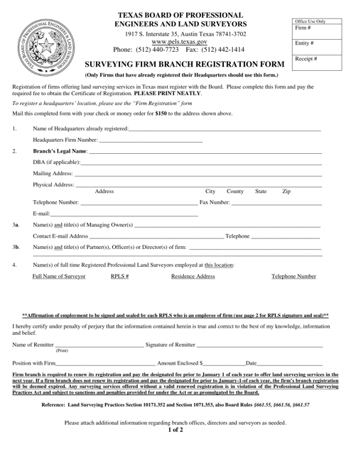 Surveying Firm Branch Registration Form - Texas Download Pdf