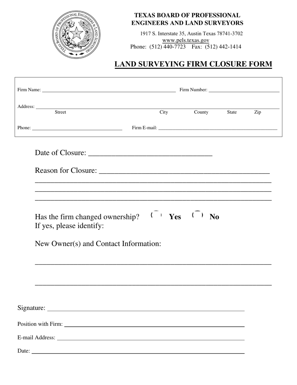 Land Surveying Firm Closure Form - Texas, Page 1