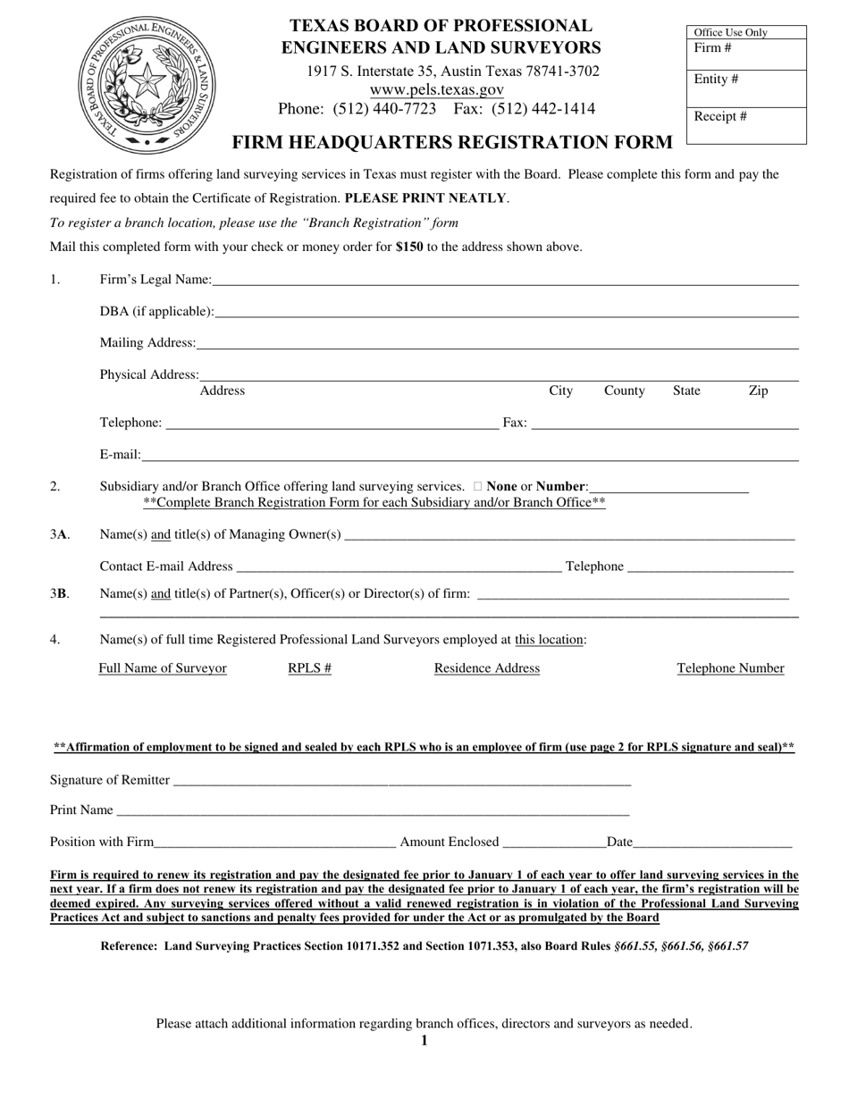 Firm Headquarters Registration Form - Texas, Page 1