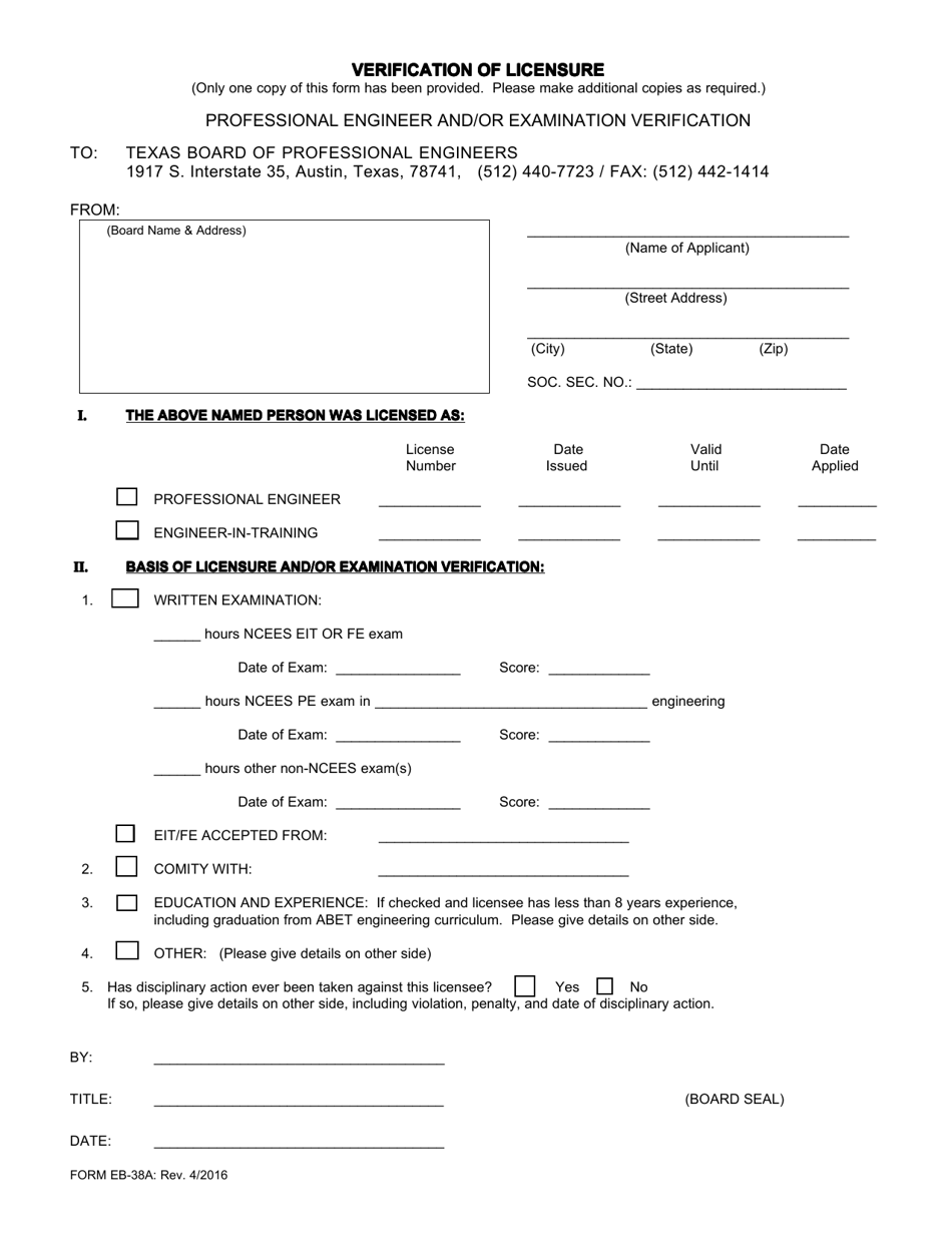 Form EB-38A Verification of Licensure - Texas, Page 1
