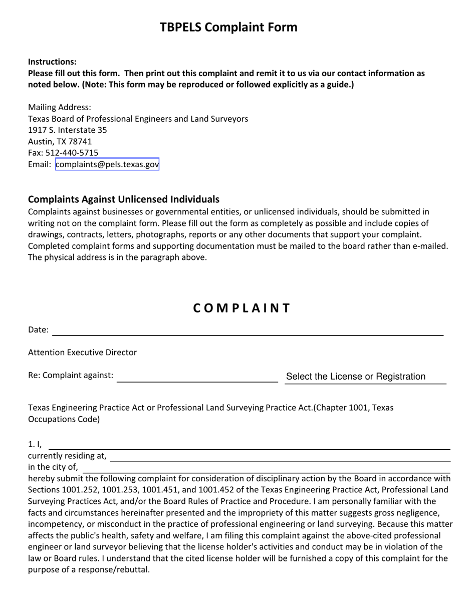 Tbpels Complaint Form - Texas, Page 1