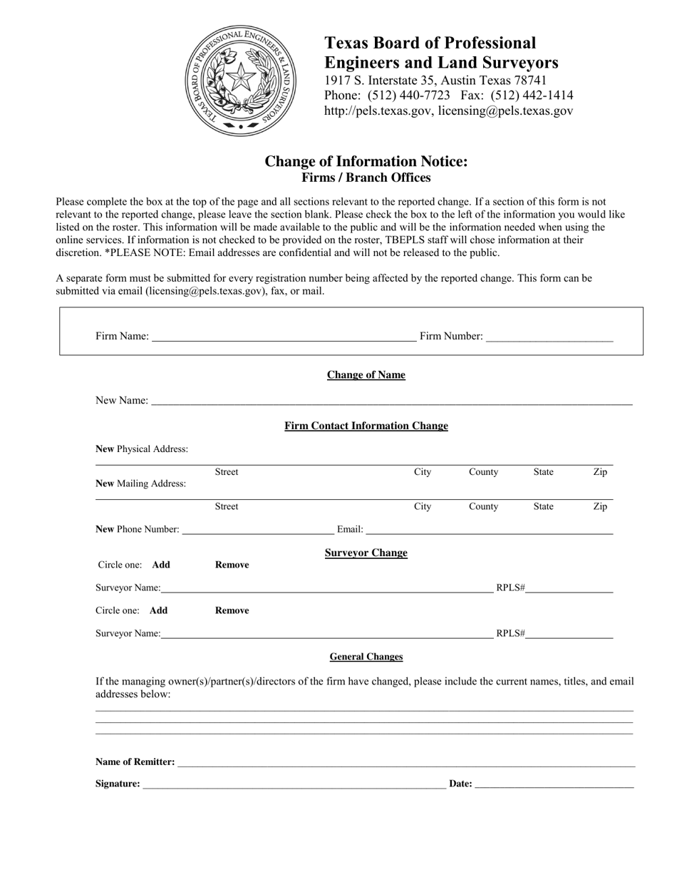 Change of Information Notice: Firms / Branch Offices - Texas, Page 1