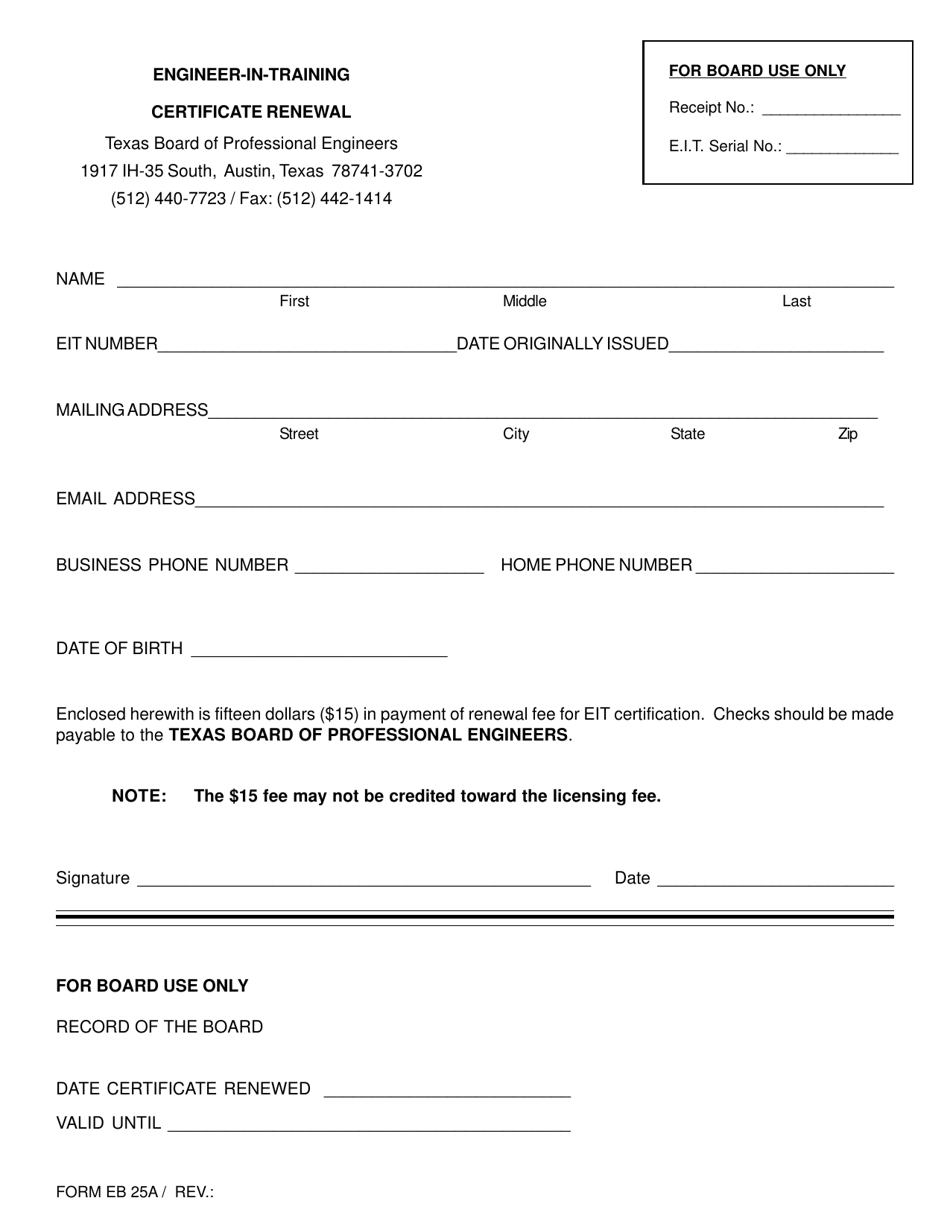 Form EB25A Engineer-In-training Certificate Renewal - Texas, Page 1