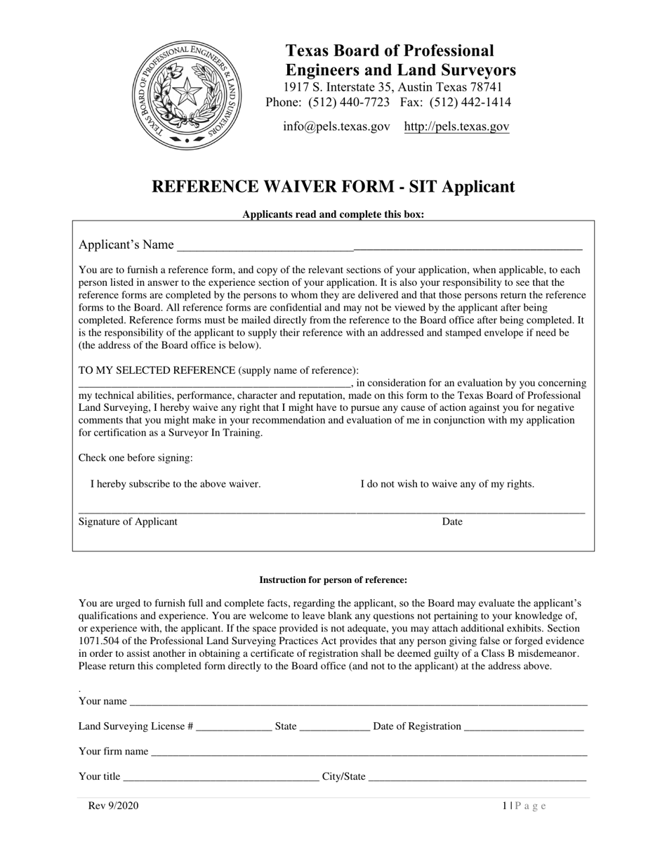 Reference Waiver Form - Sit Applicant - Texas, Page 1