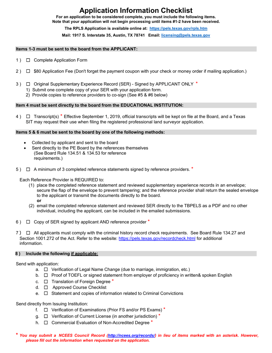 Rpls Application Checklist - Texas, Page 1
