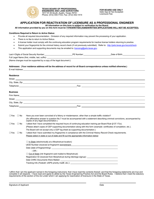 Application for Reactivation of Licensure as a Professional Engineer - Texas Download Pdf