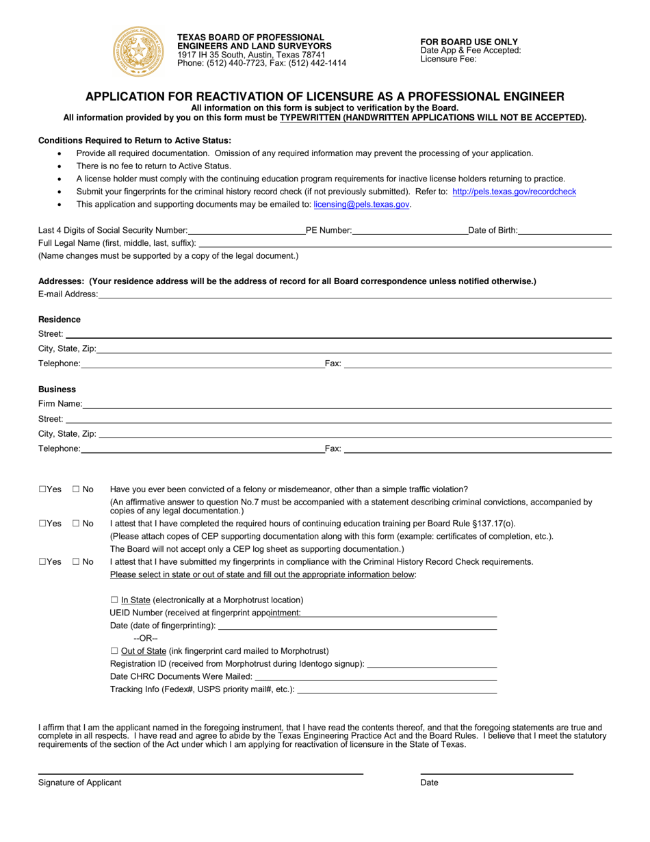 Application for Reactivation of Licensure as a Professional Engineer - Texas, Page 1