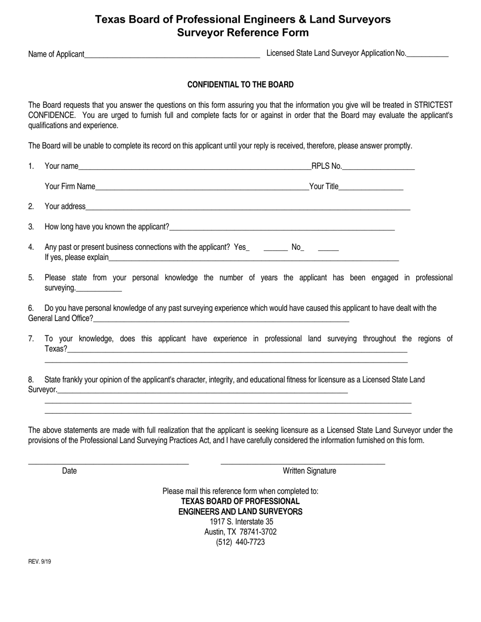 Surveyor Reference Form - Texas, Page 1