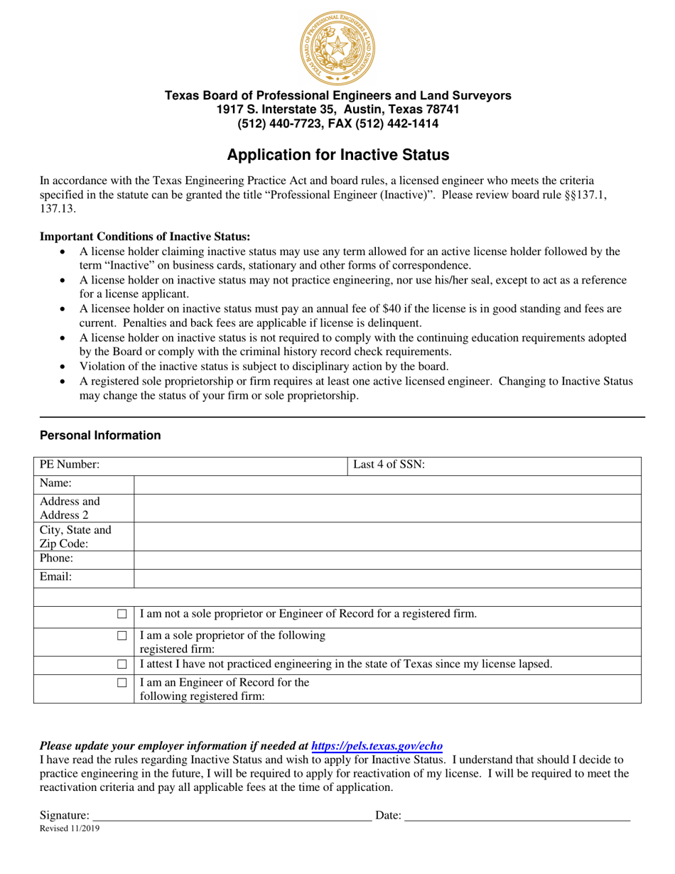 Application for Inactive Status - Texas, Page 1