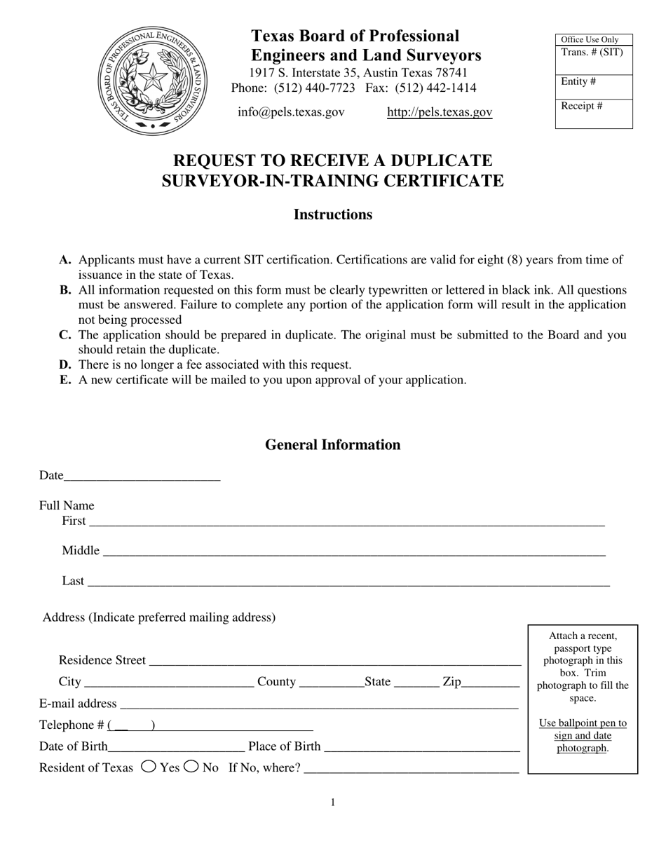 Request to Receive a Duplicate Surveyor-In-training Certificate - Texas, Page 1