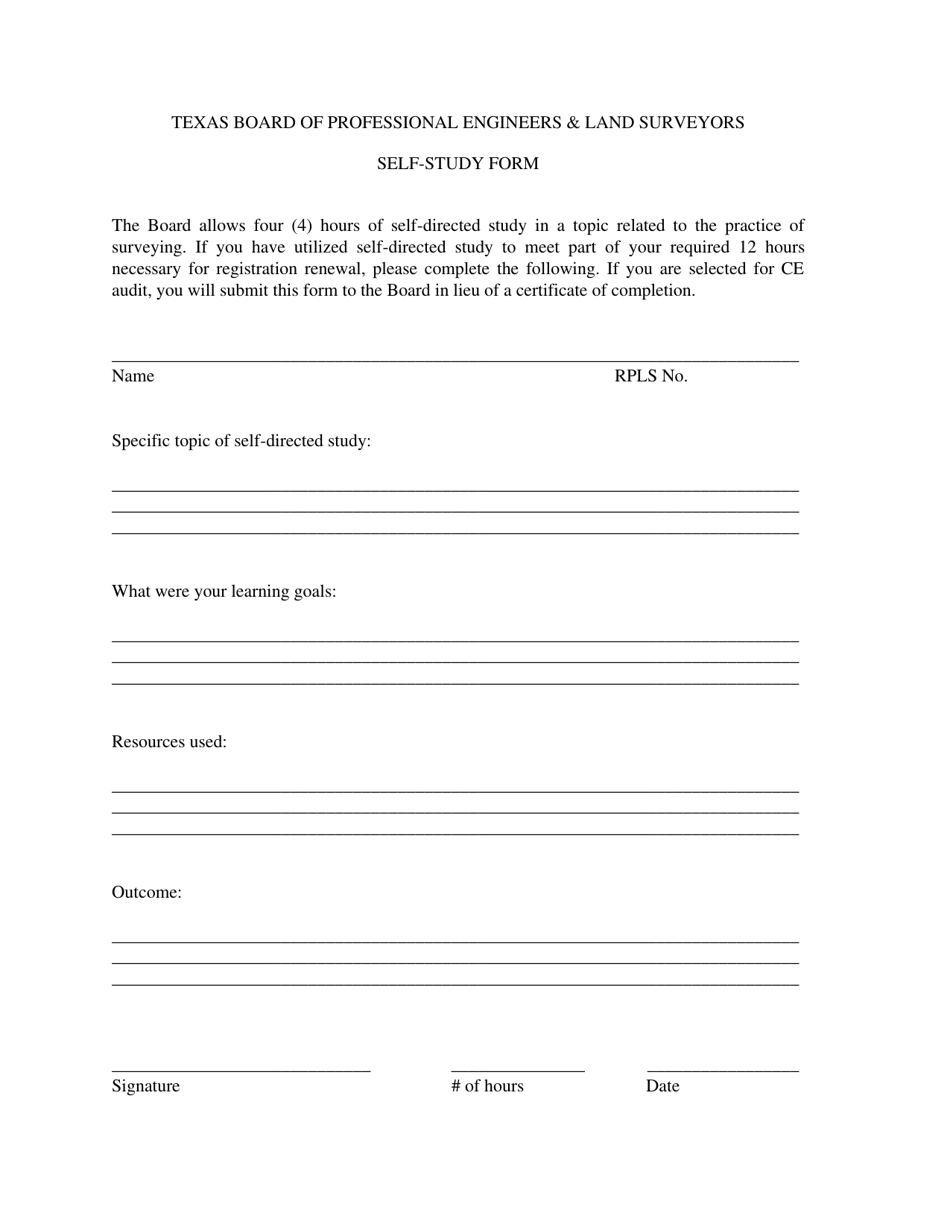 Self-study Form - Texas, Page 1