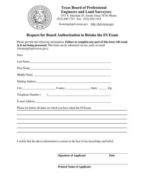 Request for Board Authorization to Retake the Fs Exam - Texas Download Pdf