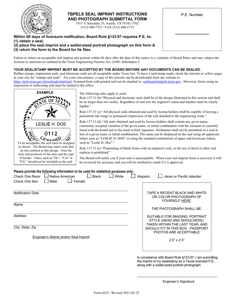 Form EB33 Tbpels Seal Imprint Instructions and Photograph Submittal Form - Texas, Page 1