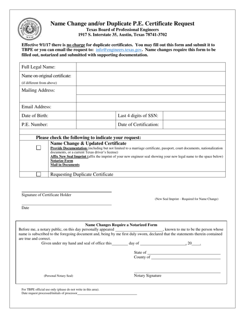 Name Change and / or Duplicate P.e. Certificate Request - Texas Download Pdf