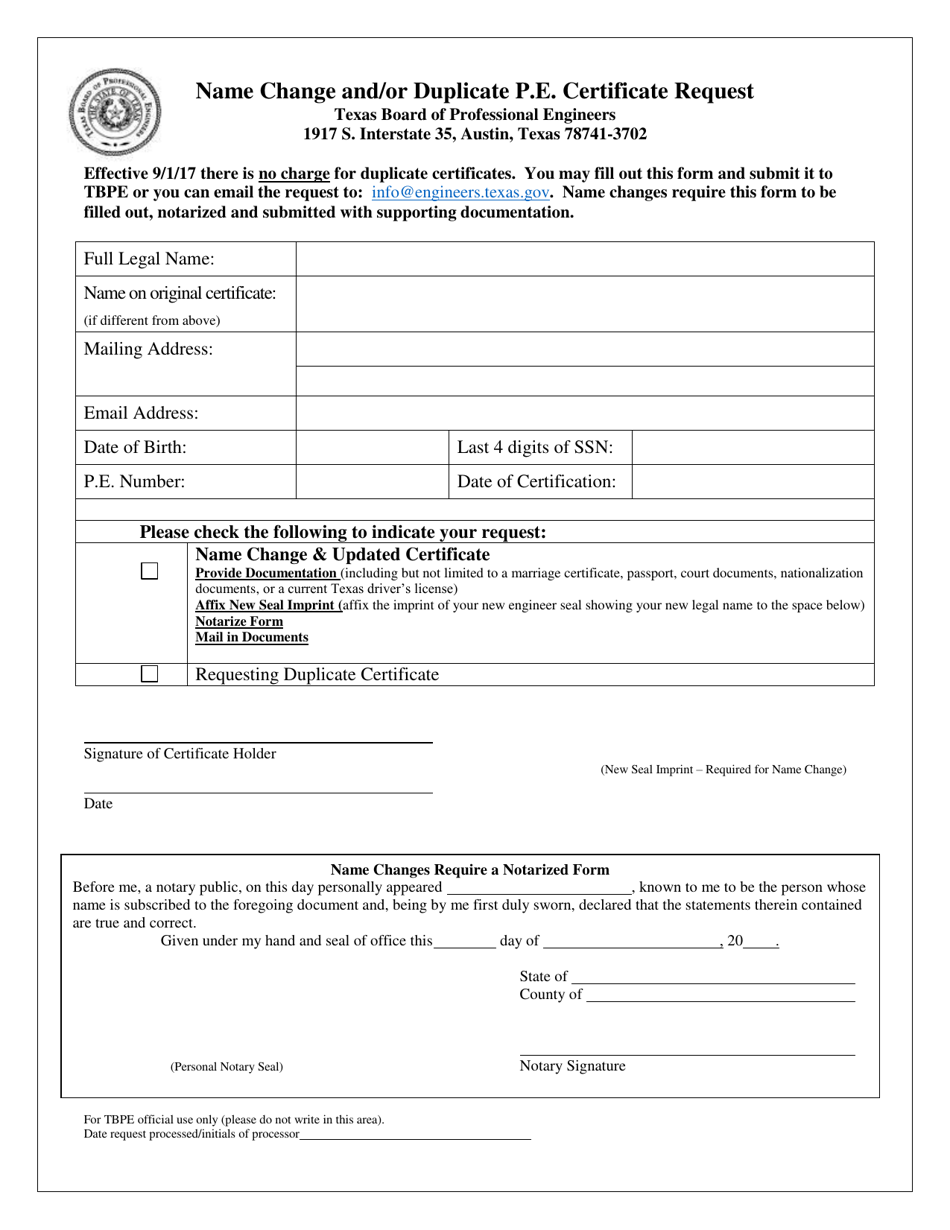 Name Change and / or Duplicate P.e. Certificate Request - Texas, Page 1